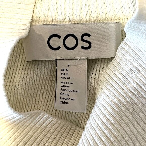 COS Beige Ivory Knit Mock Neck Sweater Ruffle Sleeves Ribbed Small - Picture 4 of 7